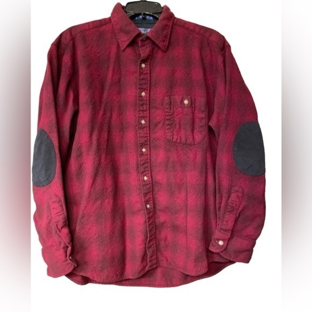 Pendleton Mens Flannel Trail Shirt Virgin Wool Plaid Red Black Elbow Patch XL